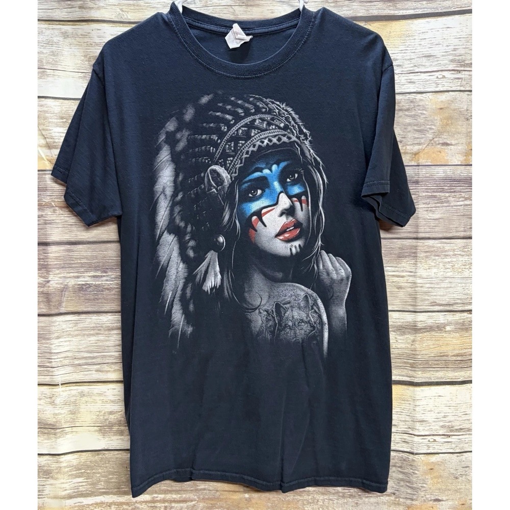 Vintage Native American Warrior Princess Mens Medium Headdress T-Shirt Black